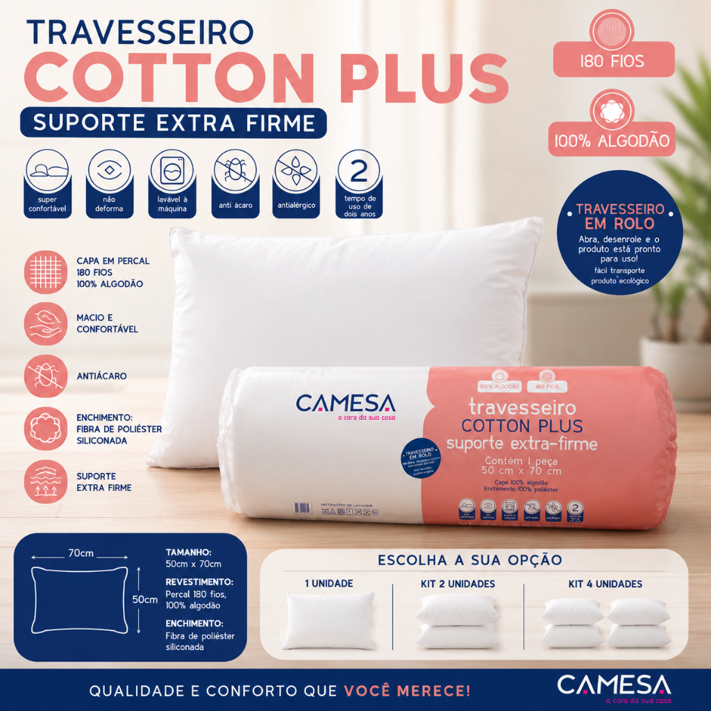 Travesseiro Cotton Plus 180 Fios 50x70 cm Extrafirme a Vácuo - Unitário e Kits Camesa