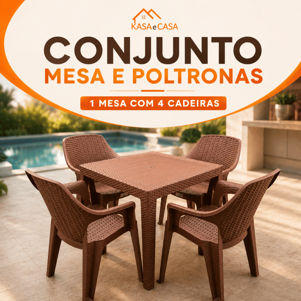 Kit Jogo Mesa Quadrada Desmontável 4 Cadeiras Poltrona Rattan Empilhável Varanda Jardim Área Gourmet