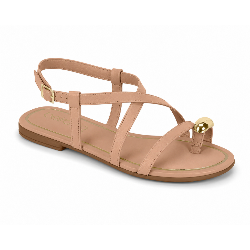 Sandália Feminina Beira Rio Rasteira Toe Ring Tira Conforto Elegante Detalhe Dourado CasualOriginal