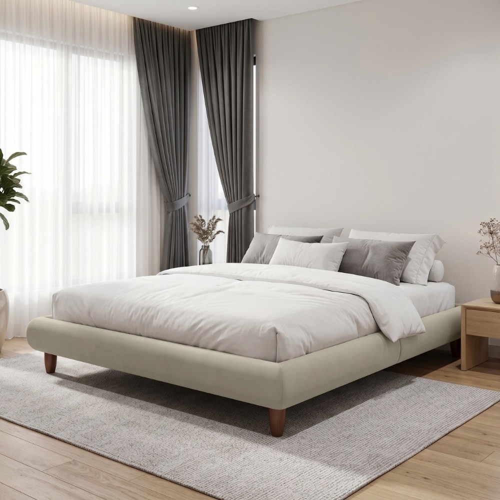 Cama Casal Base Box Pés de Madeira 156cm Otto P05 Veludo Bege - Lyam Decor