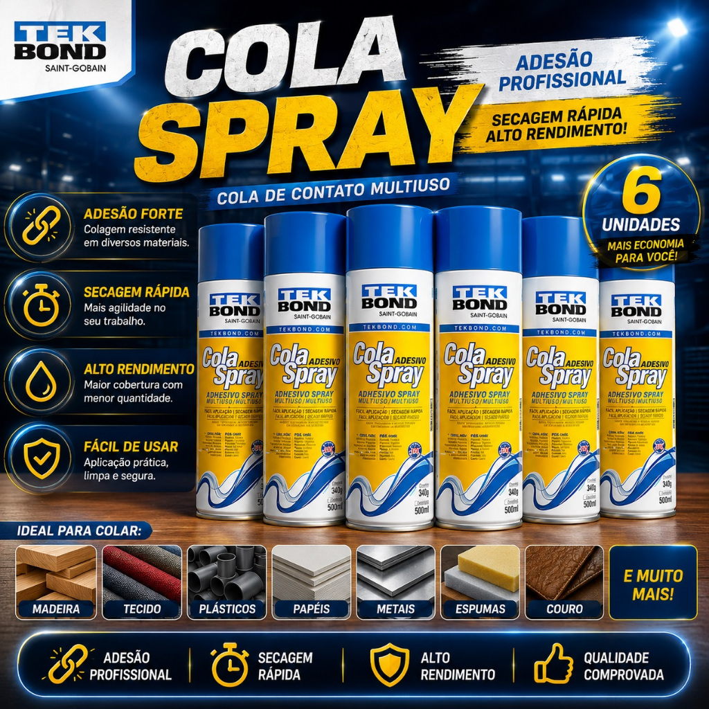 Kit de 6 Unid da Cola Reposicionável  Spray TekBond 500ml