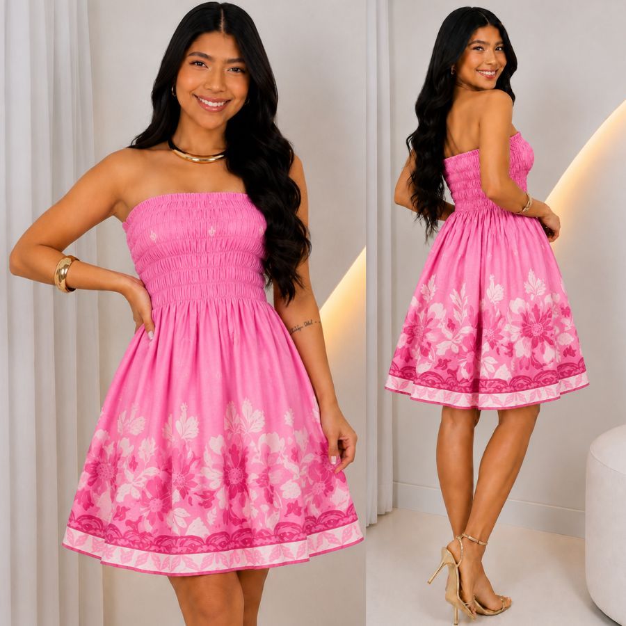 Vestido Feminino  Floral Curto com Lastex Tomara Que Caia Verão Promoção