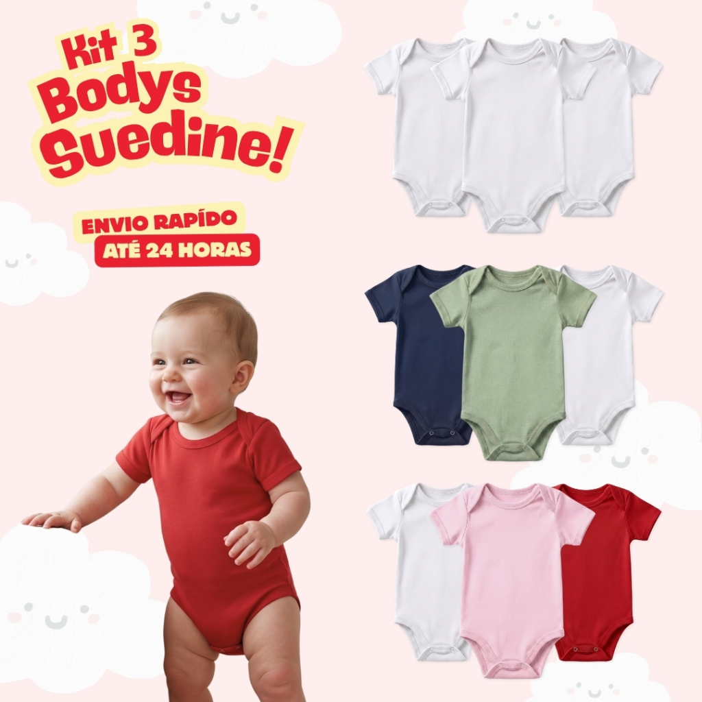 Kit 3 Peças Body Bebê Manga Curta Recém-nascido | Suedine Confortável | Algodão 100% | RN, P, M e G