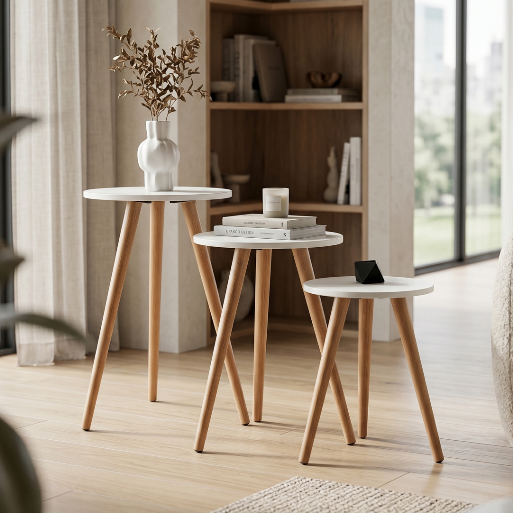 Trio Jogo De Mesas Laterais Redonda Pé Palito Mdf Madeira Decoração Sala Estilo Retrô
