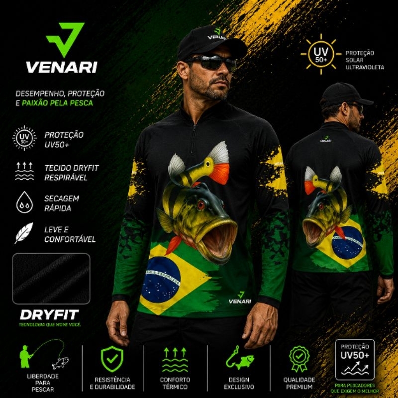 Camisa Pesca Peixe tucunaré Camiseta Proteção Uv50 Pescaria Camiseta Manga longa pesca Bandeira Brasil