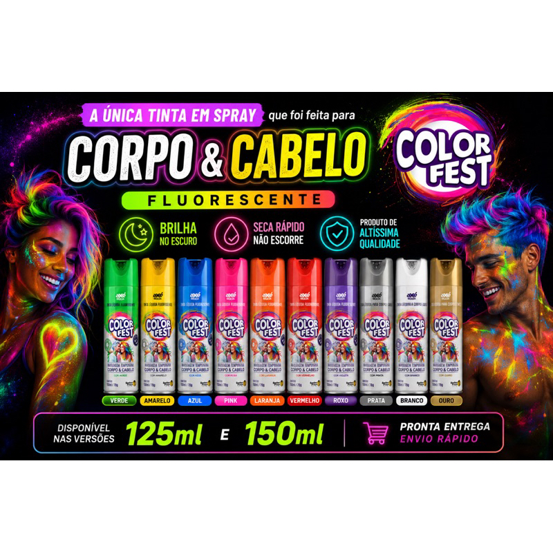 Color Fest Spray Fluorescente Para Cabelo e Corpo – Tinta Temporária Carnaval Color Fest