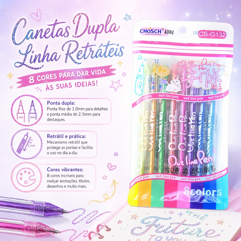Caneta Marcadora Contorno Duplo Prata 1.0mm Caneta Fluorescente de Clique para Bullet Journal Desenho Estudo Destaque