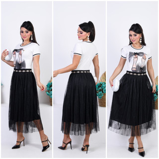 Saia Tule Midi Estampado Floral Elegante Moda Evangélica Feminina Para Congressos, Cultos e Eventos