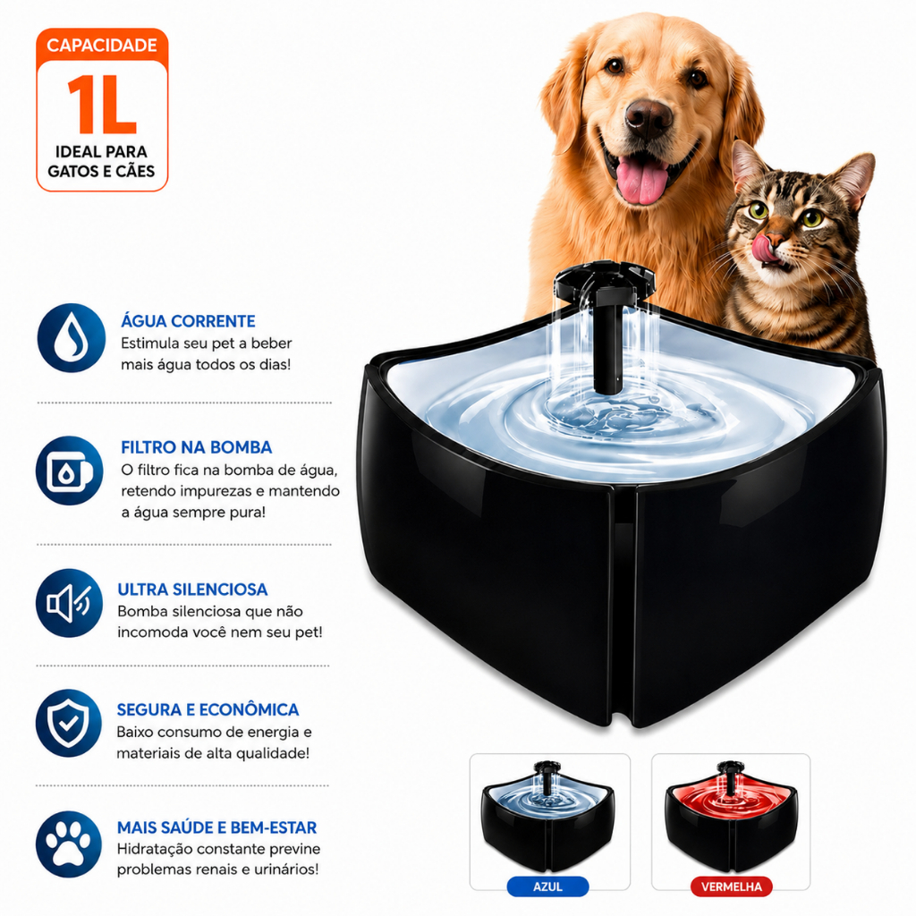 Fonte Bebedouro Pet Automático 1L Água Corrente com Filtro Silencioso para Gatos e Cachorros