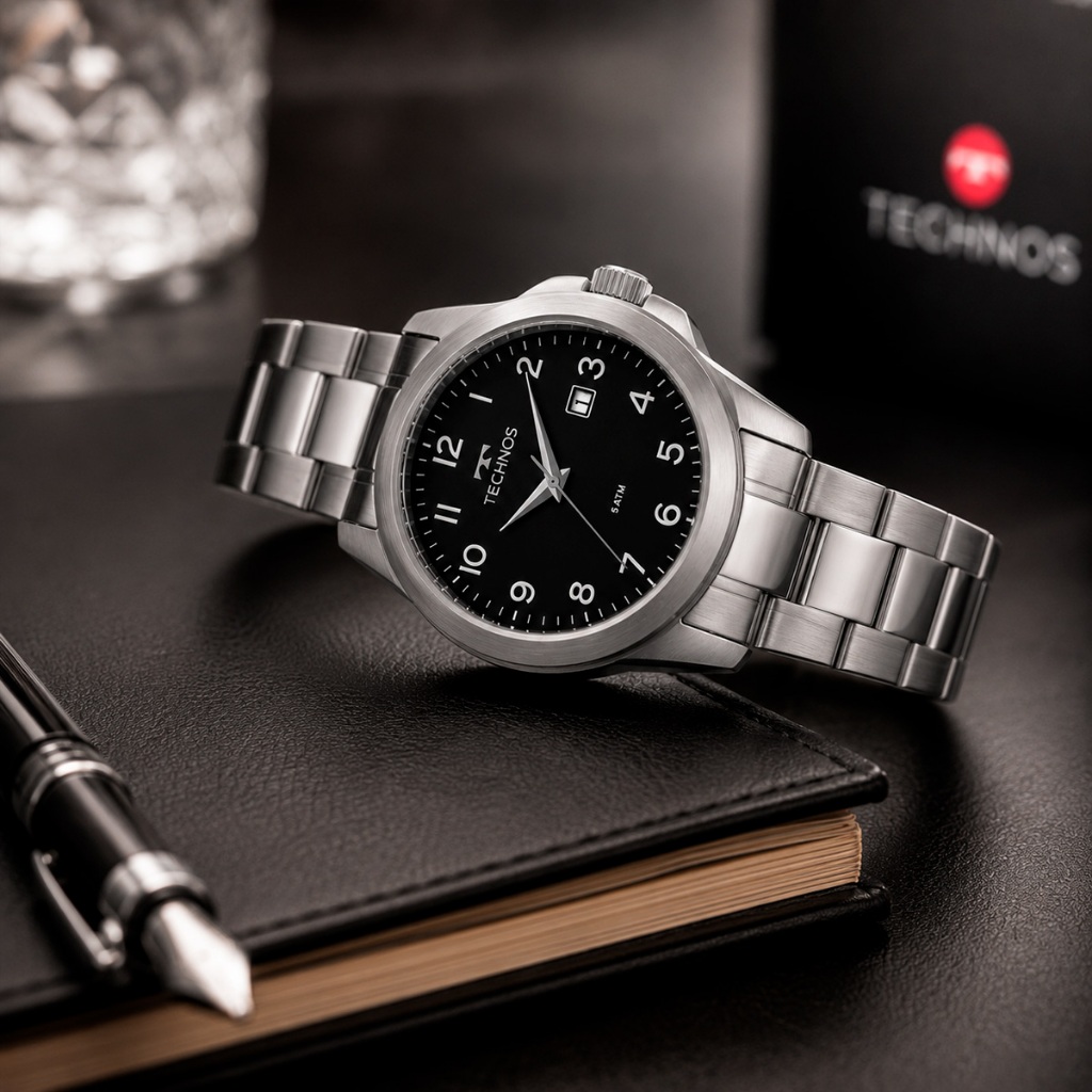 Relógio Technos Masculino Original Aço Inox Prata Mostrador Preto Calendário Resistente Água Executivo Presente Social