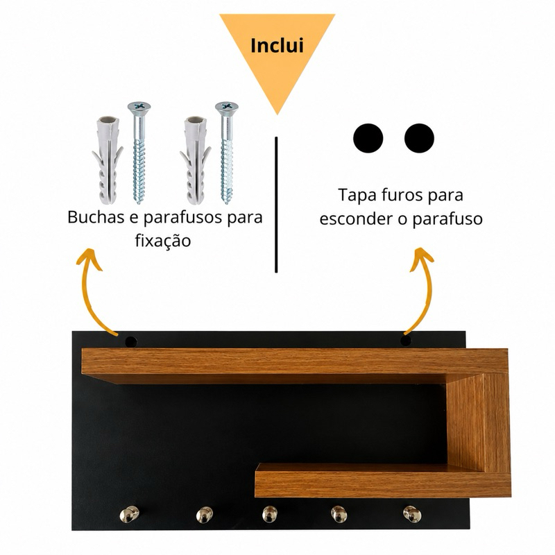 Porta Chaves de Parede Organizador com Prateleira MDF 5 Ganchos 25x13 cm — imagem 2 de 2