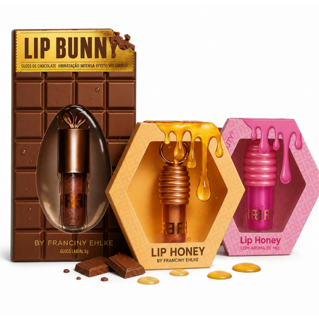 Kit Fra Lip Honey Gloss Mel + Lip Bunny Chocolate +  Lip Honey Rosa