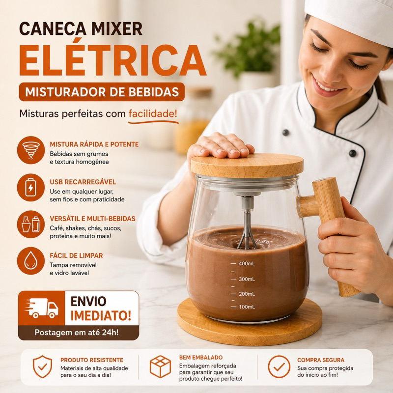 Caneca Elétrica Mixer 400ml Misturador USB Recarregável Bebidas Whey Nescau Dia a Dia Praticidade