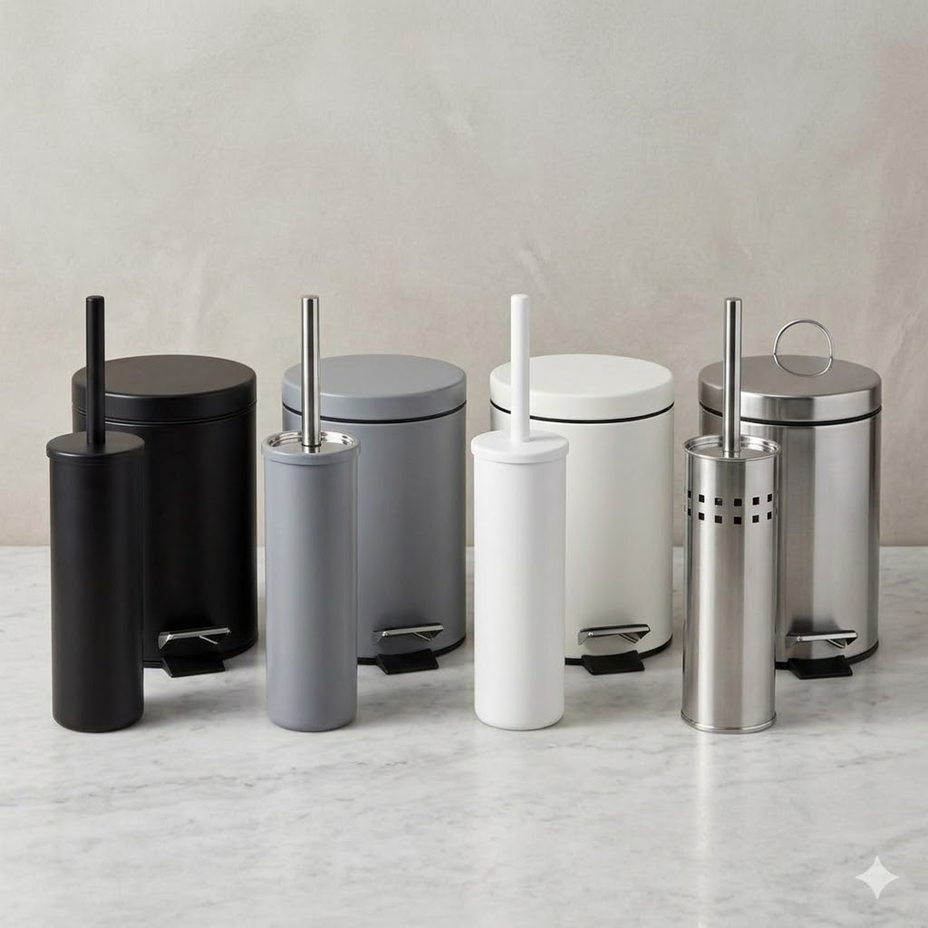 Kit Banheiro Premium Elegance: Lixeira Pedal 3L/5L + Escova Sanitária c/ Suporte Matte Cores ou Inox