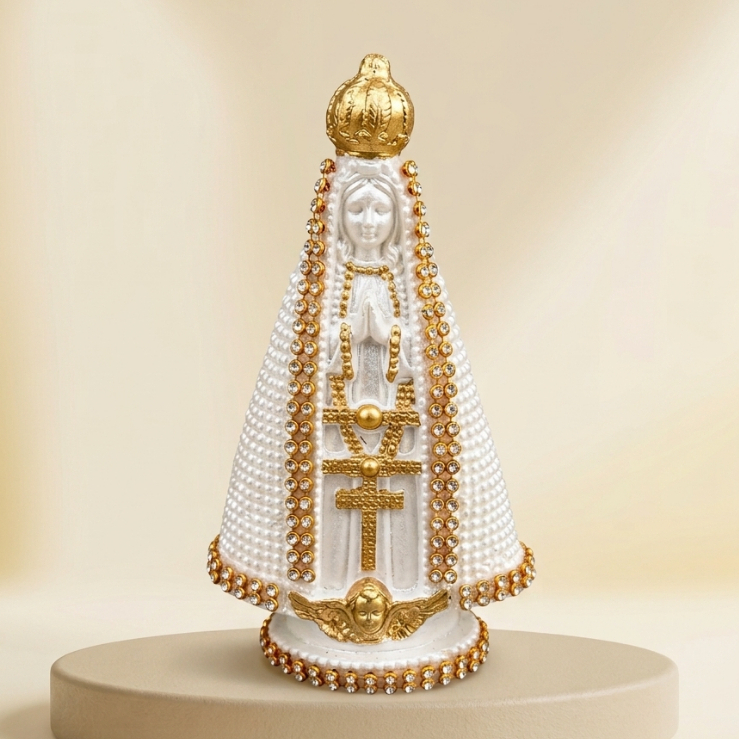 Imagem Nossa Senhora Aparecida 15cm Branca Strass Enfeite Casamento Batizado Decoração
