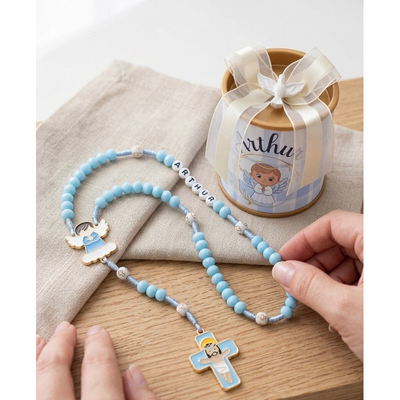 Terço Personalizado com Nome Latinha Lembrancinha Batizado Batismo Crisma Primeira Comunhão Menino Menina Anjo