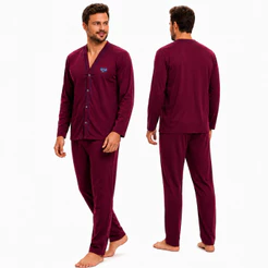 Pijama Masculino Aberto na Frente com Botão Manga Longa e Calça Comprida Conforto