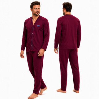 Pijama Masculino Aberto na Frente com Botão Manga Longa e Calça Comprida Conforto