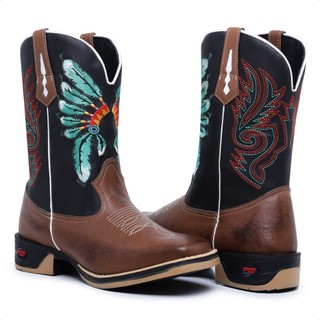 Texana Masculina Bota Country Agropecuaria Bico Quadrado Cano Medio Bordado Solado Jumper Resistente