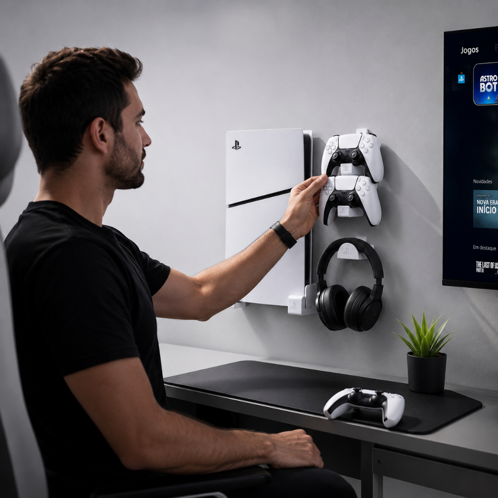 Detalhes do Suporte PS5 Slim de Parede Suporte Gamer Minimalista Suporte Console Fone Controles Playstation