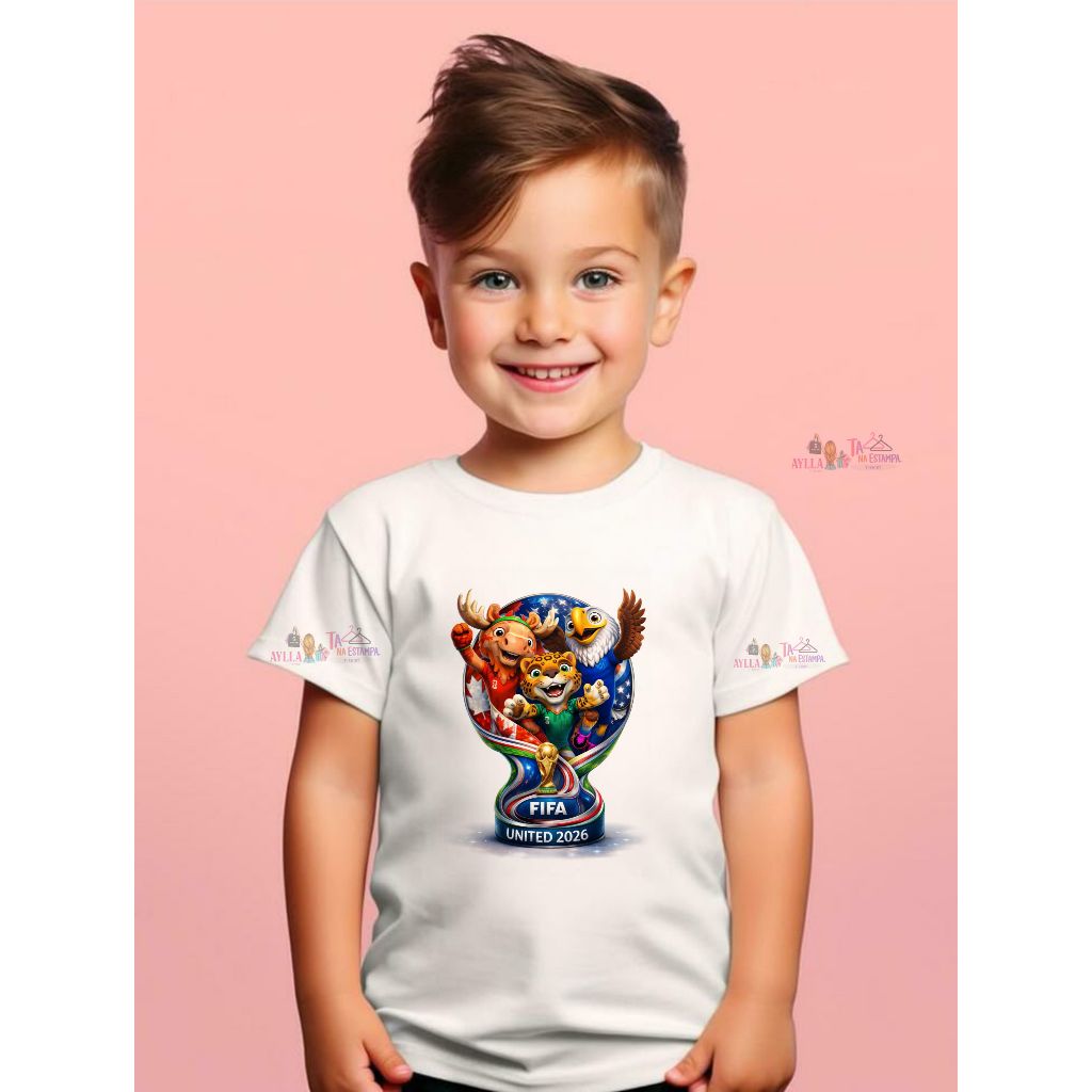 CAMISETA UNISSEX INFANTIL, mascote da copa, Copa do mundo 2026, Brasil, MODA CASUAL, PERSONALIZADO, PLUS SIZE