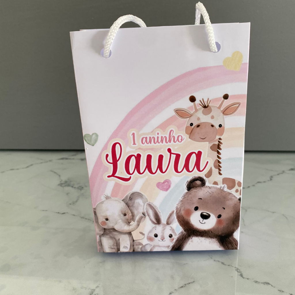 Kit Sacolinha 10|15|20 Personalizada Animais Rosa 2 Festa 10x15cm | Lembrancinha, Embalagem, Kit Presente com Alça