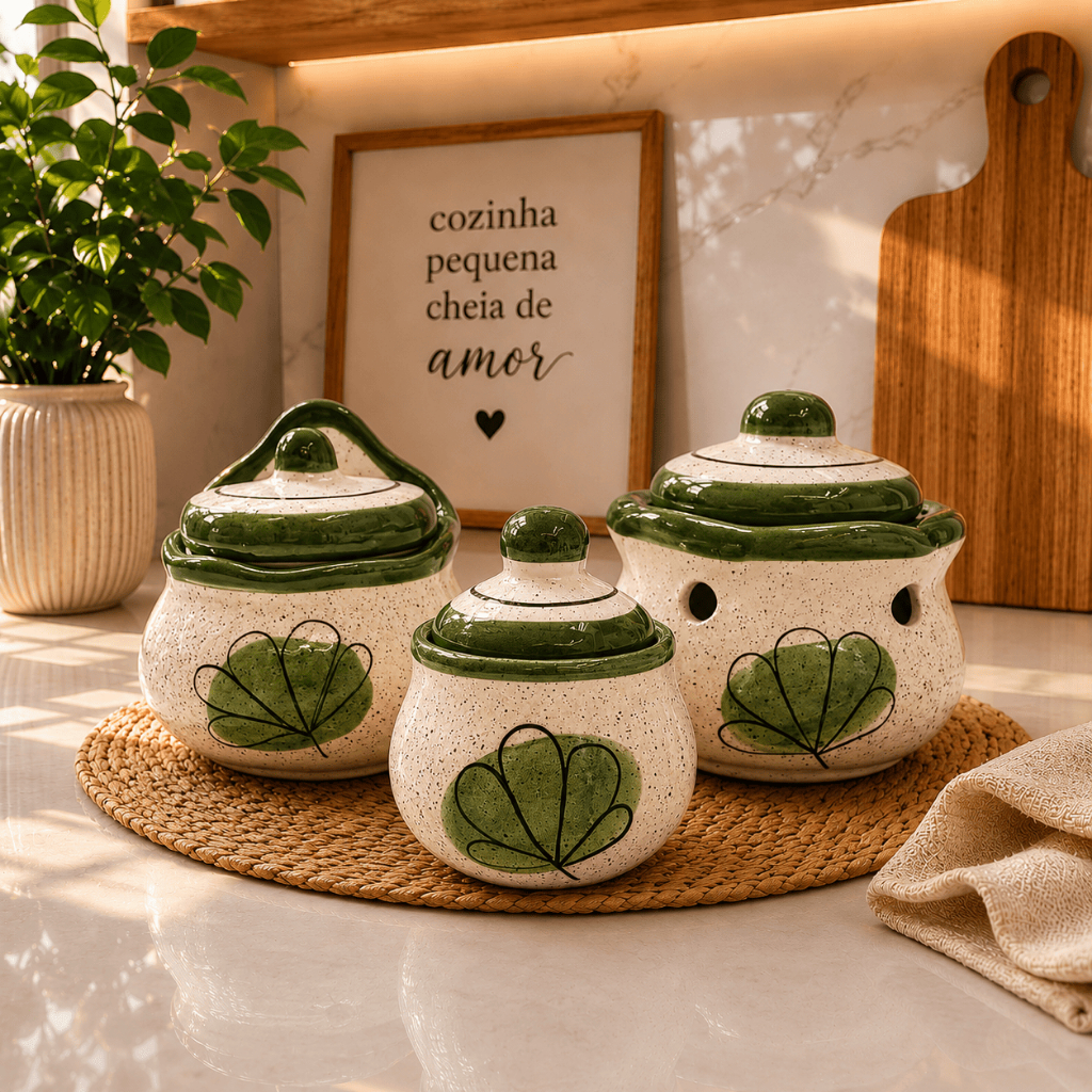 Saleiro + Açucareiro + Porta Alho Premium / Kit Cozinha Cerâmica 3 Peças Decorativo Presente