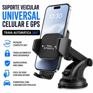 Suporte Veicular Universal Celular e GPS Trava Automática 360° Ajustável Ventosa Silicone…