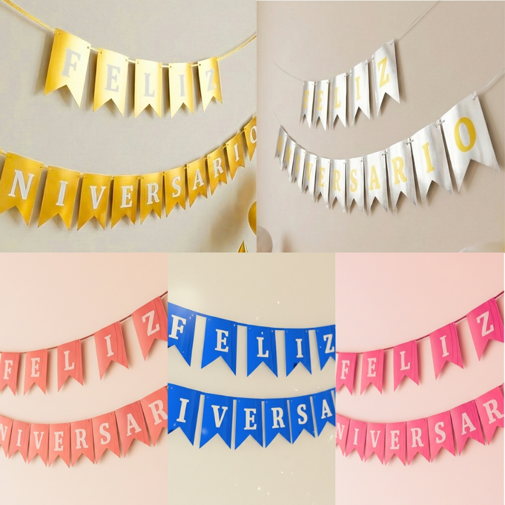 Faixa Feliz Aniversario Bandeirinha Metalizada Decoração Festa Enfeite Kit Varal 4 Mts Varias Cores