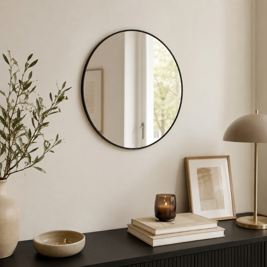 Espelho Decorativo Redondo com Moldura em Couro 40CM Para Parede Sala Quarto Banheiro