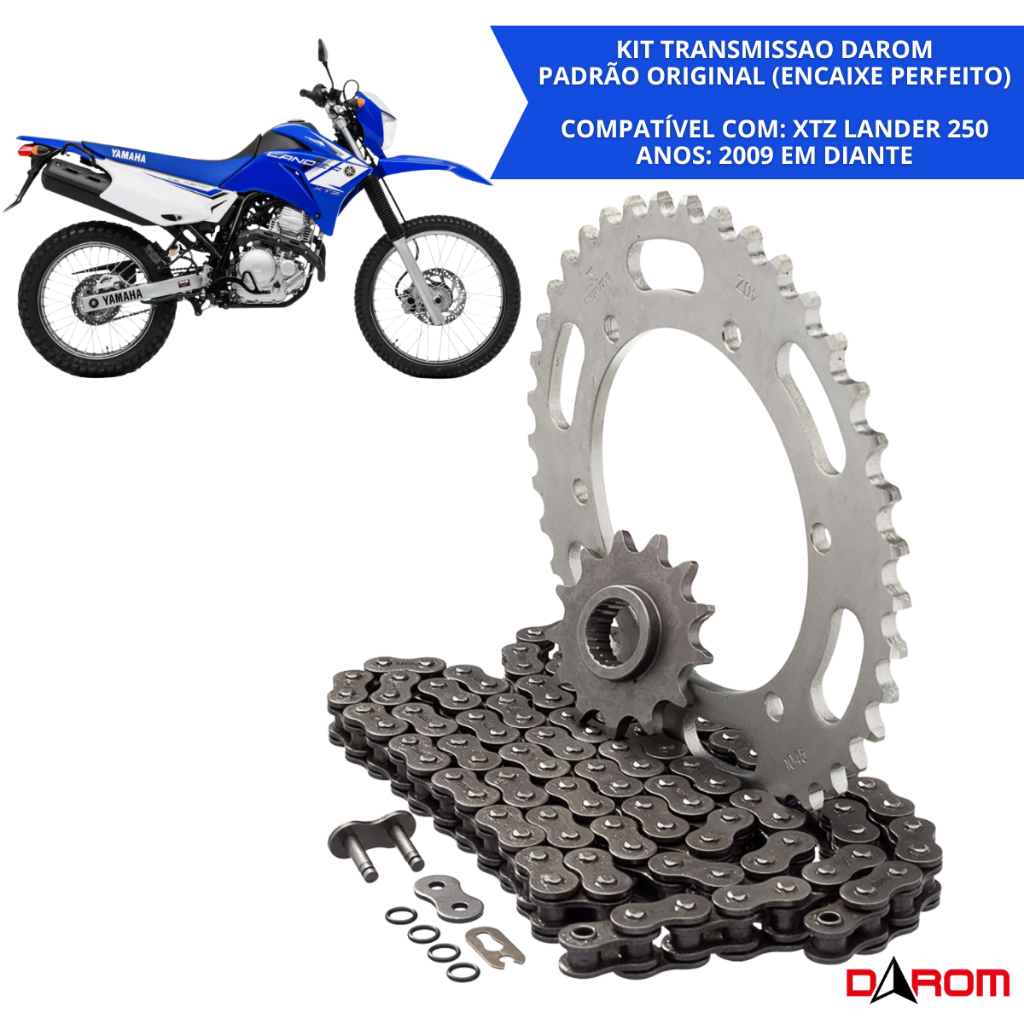 Relação Completa Yamaha XTZ 250 Lander 250 2009 Em Diante Kit Transmissão Darom Com Retentor Corrente Coroa Pinhão