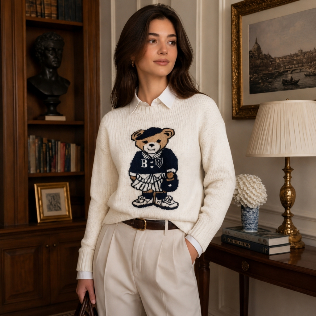 Suéter Feminino Tricô Ursinho Jacquard Manga Longa Macio Casual Inverno