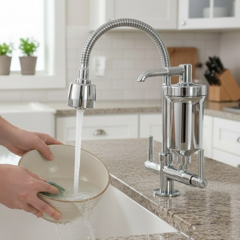 Torneira Gourmet Com Filtro Cozinha Bancada 1/4 De Volta Cromada Tubo Flexível Chuveirinho 2 Jatos