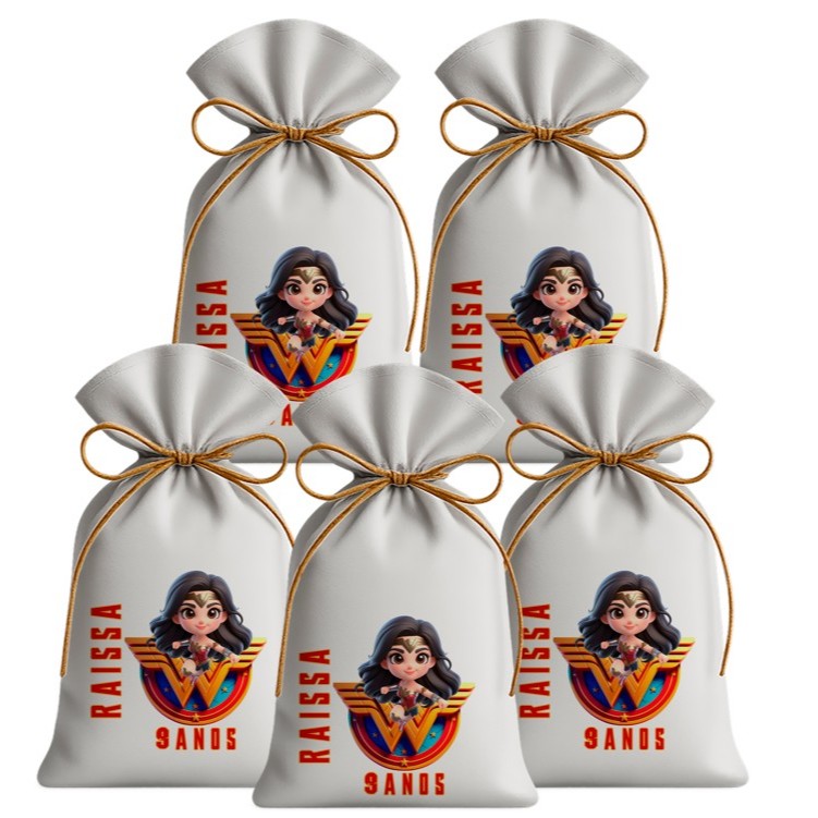 Saquinhos Sacolinha Lembrancinha Festa Aniversário Tecido Personalizado Mulher Maravilha Cute 3D