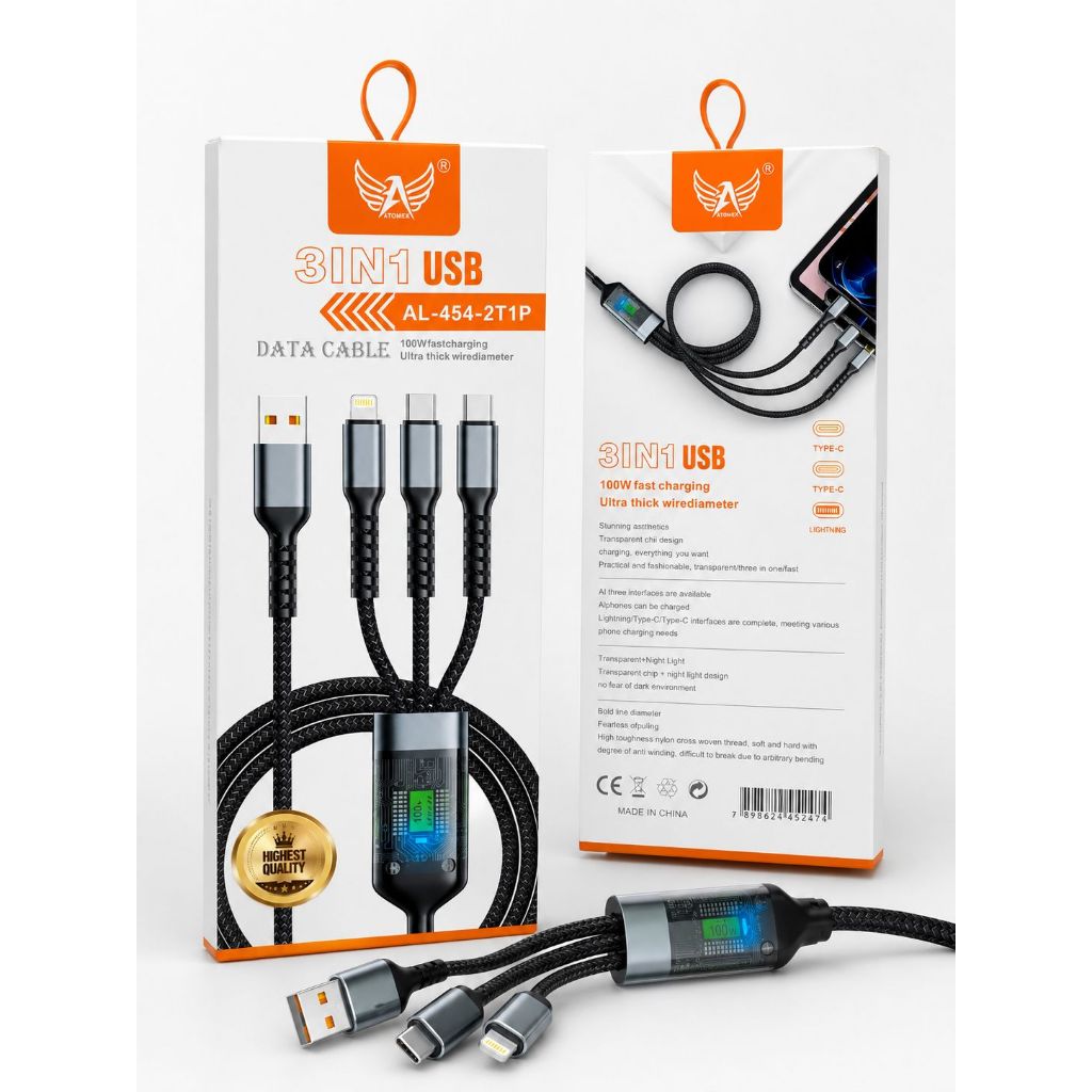 Cabo USB 3 em 1 Turbo 100W tipo c lightning carregamento rápido