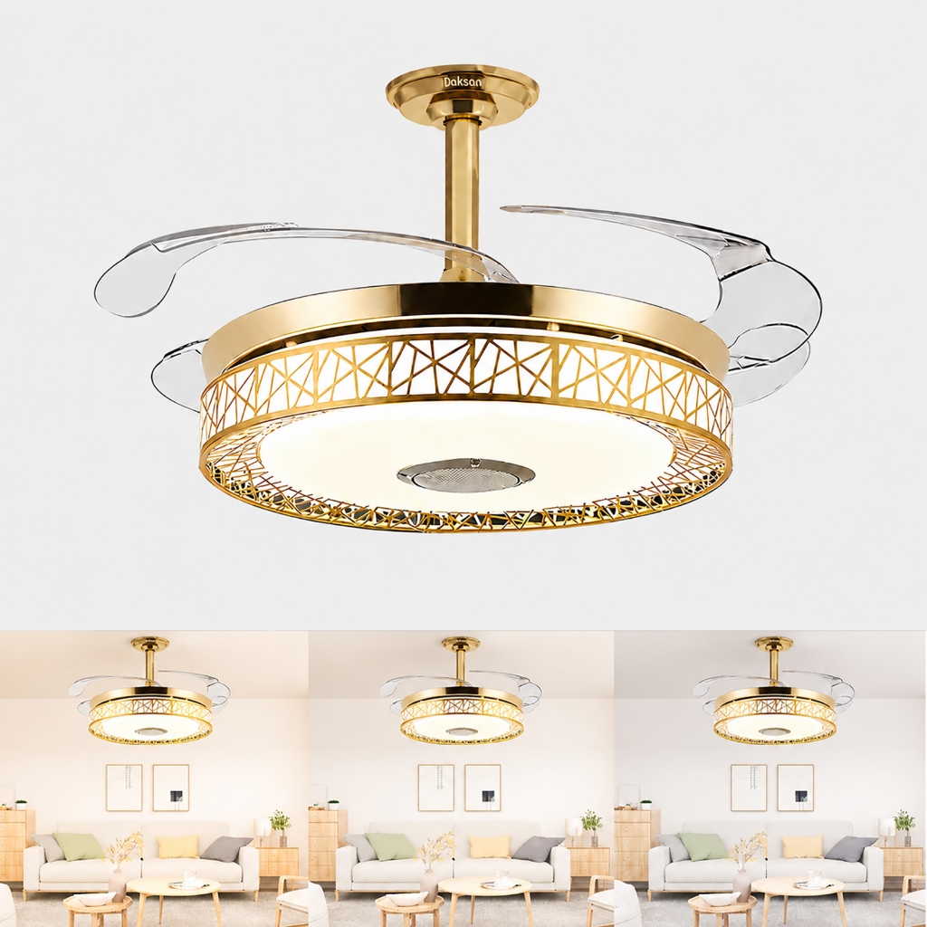 Lustre Ventilador de Teto Retrátil Dourado com Controle Remoto Com Música e caixa de Som - Bivolt