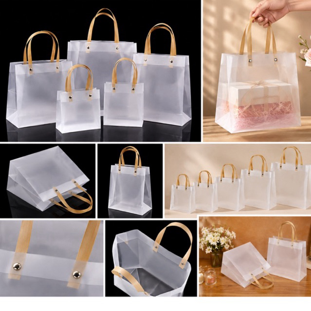 kit 10 Sacolas Fosca Transparente com Alça de Palha para Presente Yh8162 ABC