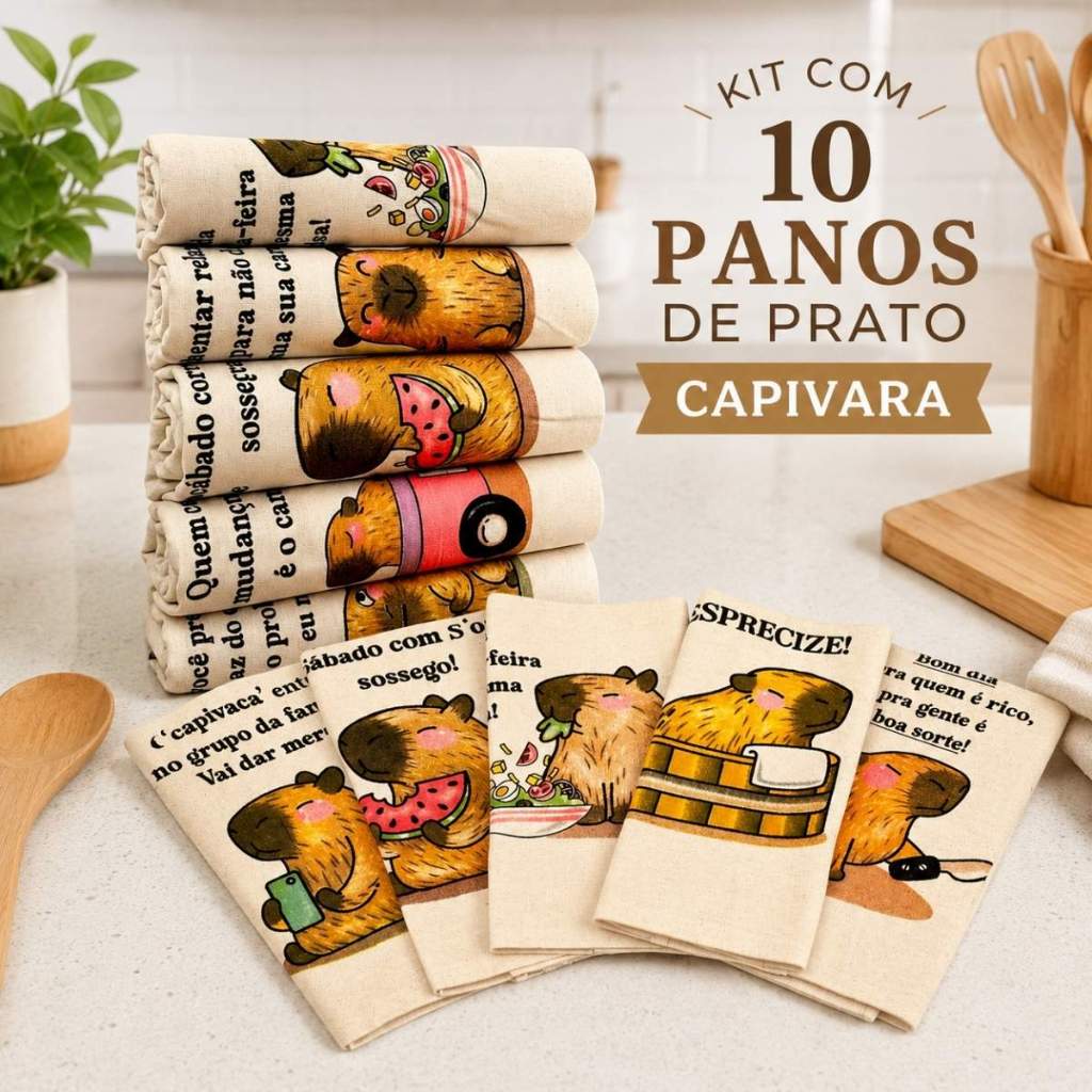 Kit 10 Panos de Prato Crú Capivara Extra Rústico 100% Algodão Cozinha Artesanato