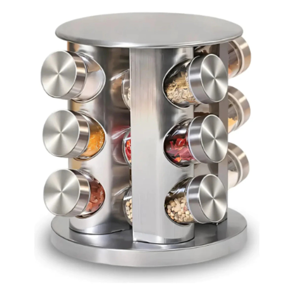 Porta Tempero Condimento Inox 12 Potes Vidro Suporte Giratório Etiquetas e Caneta Decoração Cozinha Organizador Bancada