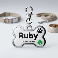 Chaveiro Placa de Identificação Pet Personalizada Metal Resinado para Cães e Gatos - Com Nome e Telefone