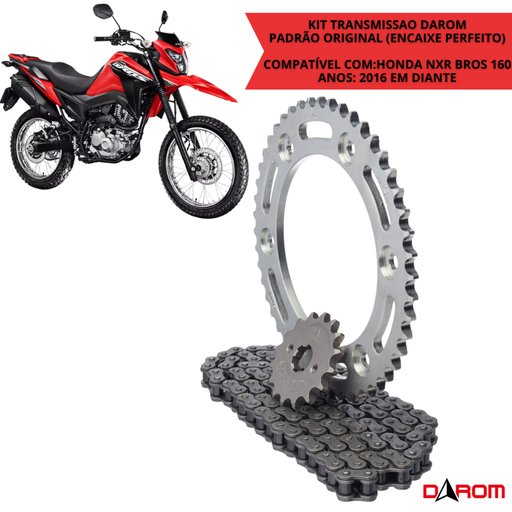 Kit Relação Transmissão Darom Bros 160 2015 a 2026 XRE 190 2016 a 2026 Corrente Coroa Pinhão 428H 128L 48T 16T