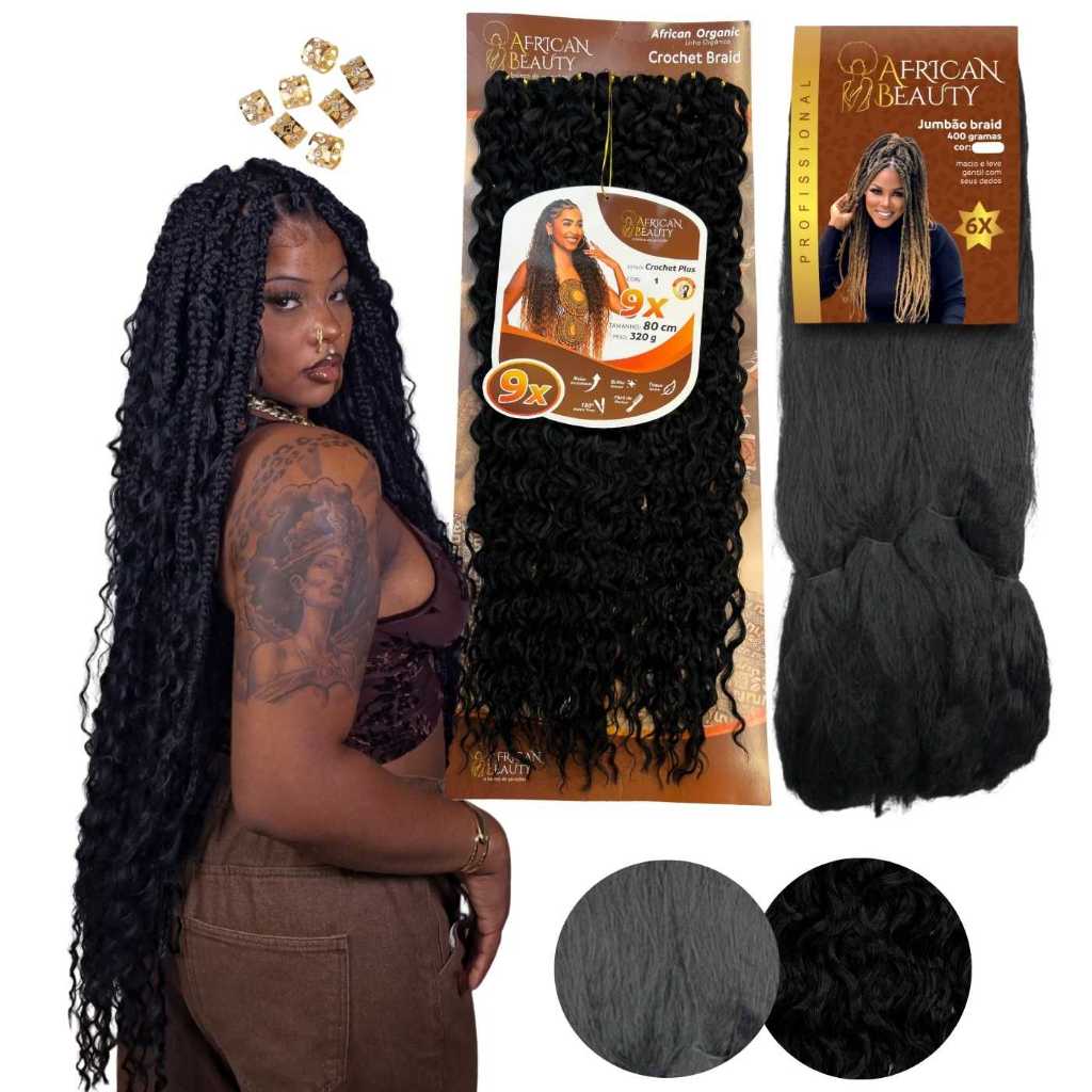 Kit Gypsy Jumbo Cabelo African Beauty 400g e Crochet Plus 80cm 320g Bio Orgânico Crochet