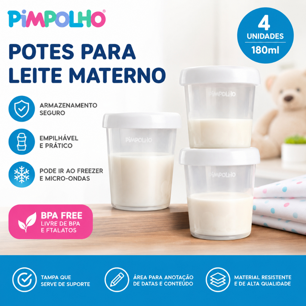 Pote Para Armazenar Leite Materno Pimpolho Kit 4 Unidades 180ml BPA Free Freezer e Micro-ondas