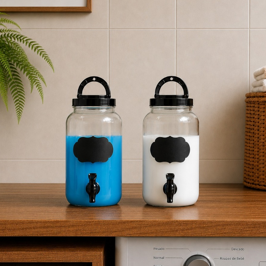 Kit 2 Dispenser Amaciante 3,6 Litros Transparente Plástico Tampa e Alça Preto Organizador Lavanderia