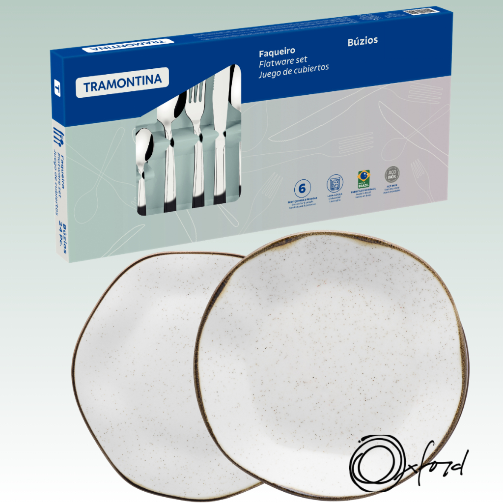 Jogo 30 Peças Pratos com Faqueiro Aparelho de Jantar oxfordCom Talheres Tramontina e Pratos Rasos