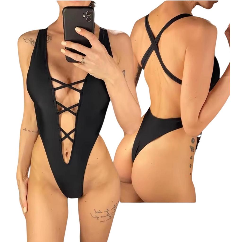 Maiô body fio dental com decote profundo estiloso cavado colado moda praia 3137