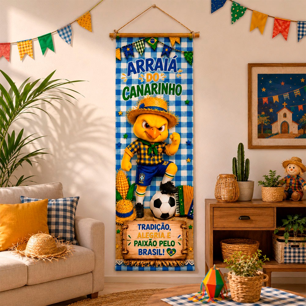 Bandeira Brasil Arraiá do Canarinho Banner Suspenso em Tecido Estampado Copa do Mundo