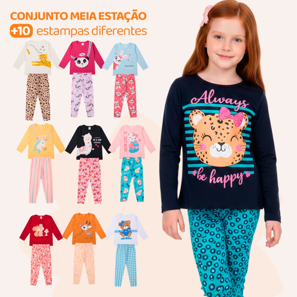 Kit Sortido 2, 4 ou 6 Peças de Roupas Feminino Infantil Menina Inverno e Meia estação Frio Blusa Manga Longa e Legging