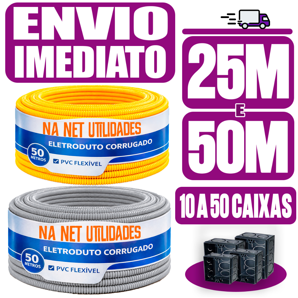 Conduite Corrugado Eletroduto Flexível PVC 3/4 25 á 50 Metros 10 á 50 Caixas 4x2 Rolo Reforçado