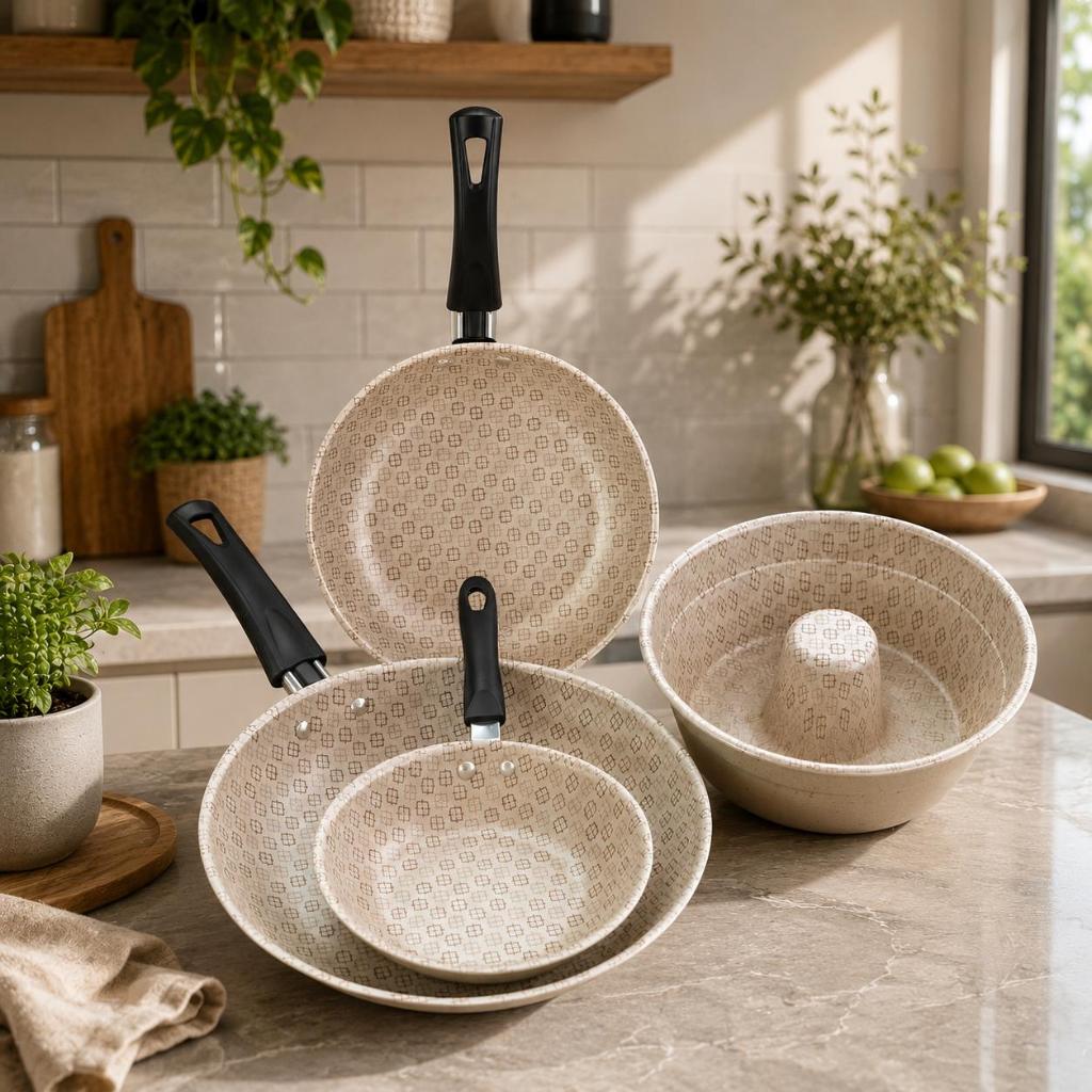 Conjunto 3 Frigideiras Creme ou Forma de Bolo Antiaderente Teflon